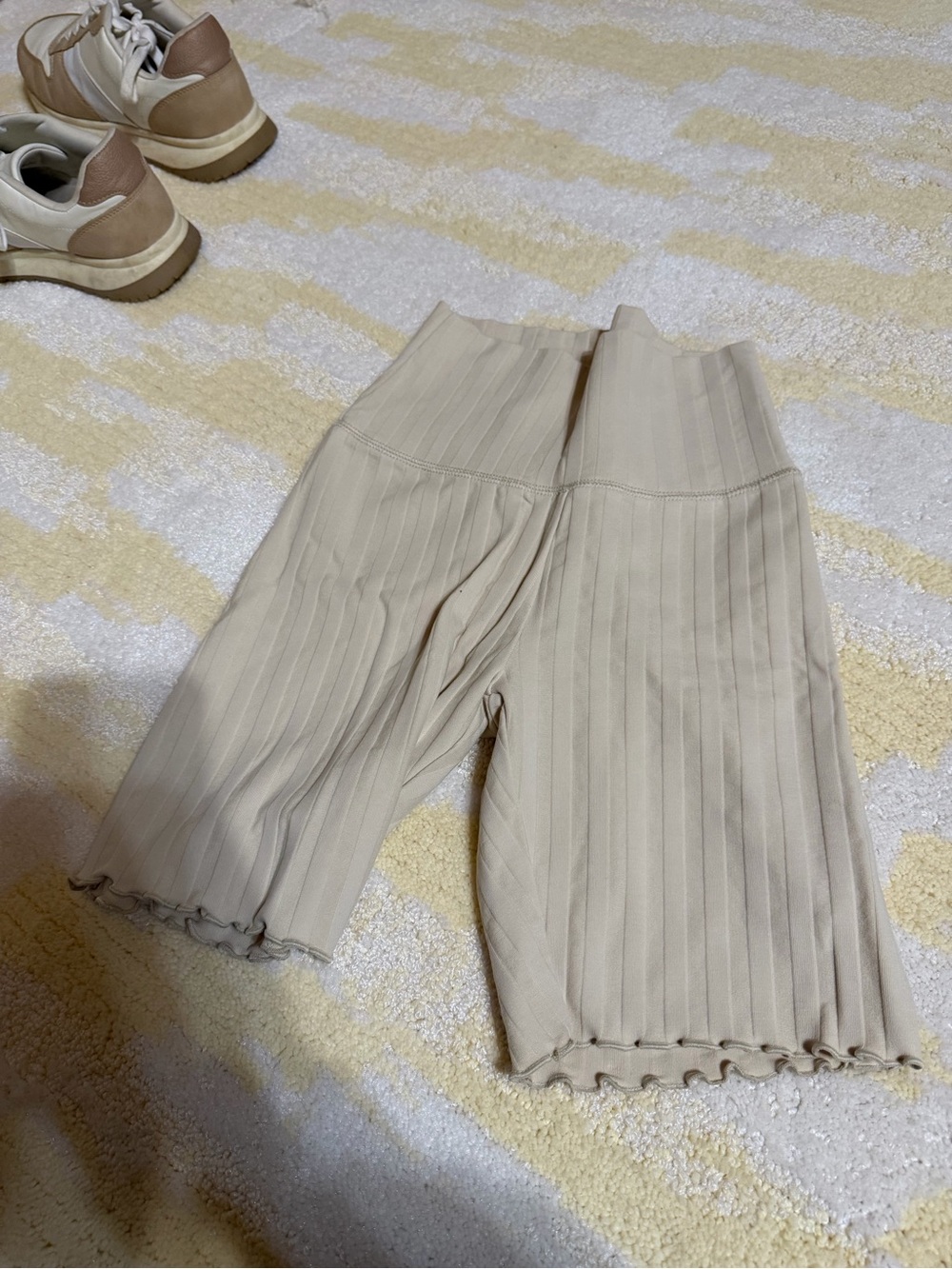 High-Waist Ribbed Cream Bike Shorts with Lettuce Hem